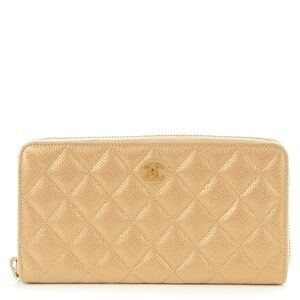 CHANEL  Pearly Caviar Quilted Large Gusset Zip Around Wallet Gold